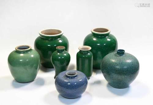 A group of five Chinese green crackle glazed vases, late Qin...