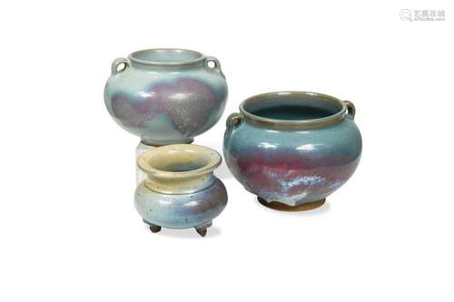 Two Chinese Junyao jarlets, and a tripod jar, Song/Yuan Dyna...