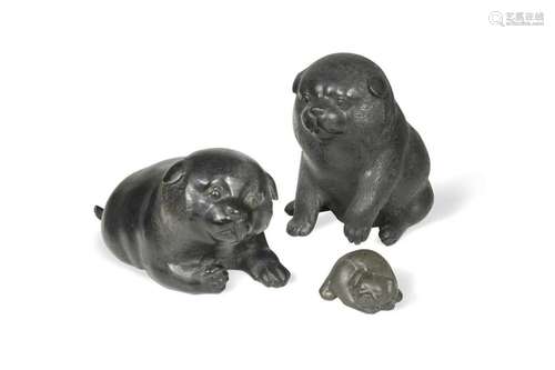 Three Japanese bronze puppy dogs, late 19th/early 20th centu...