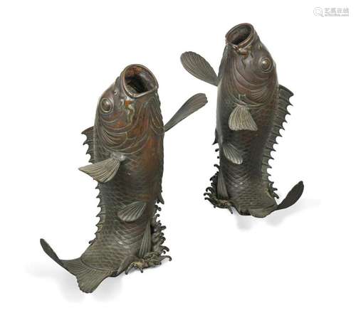 A pair of Japanese bronze leaping carp, Meiji Period (1868-1...