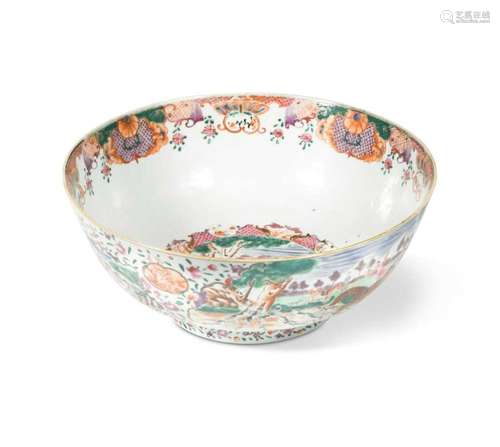 A Chinese export porcelain punch bowl with a hunting scene, ...