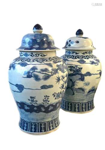 A pair of large Chinese blue and white decorated vases and c...