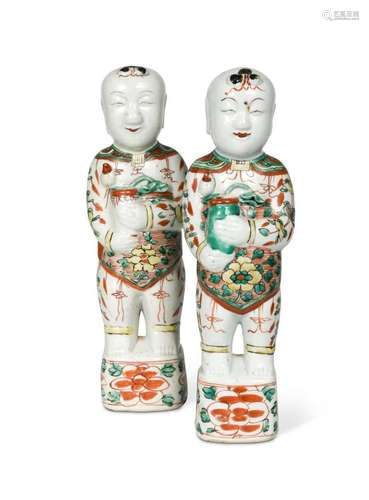 A Pair of Chinese famille verte porcelain standing smiling b...