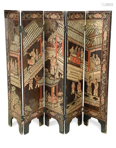 A Chinese intaglio carved wood and painted five-fold screen,...