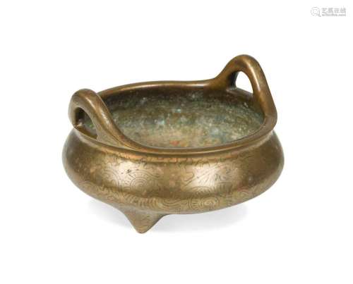 A Chinese wire inlaid bronze censer, late Qing Dynasty,