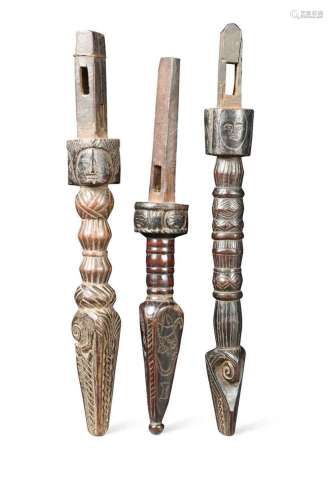 Three Nepal Tamang Shamen's carved wood drum handles, 1...