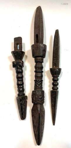 Three Nepal (Tamang) Shamen's carved wood drum handles,...