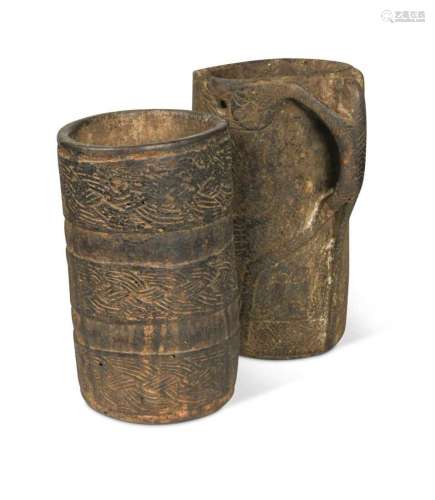 A Nepal (Mustang) wood milk jug and milk pot set, 19th centu...