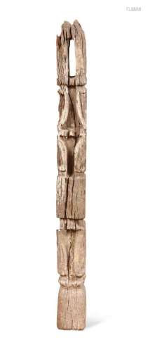 A rare West Nepal carved wood primitive totem post, 18th/19t...