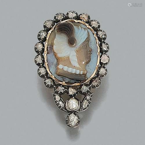 An 18th century diamond, agate cameo, 18K yellow gold and si...