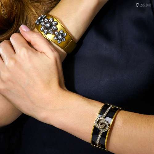 A 18K yellow gold and silver hinged bangle set with old Euro...