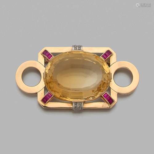 ANNEES 1950 BROCHE PLAQUE CITRINE A citrine, imitation stone...