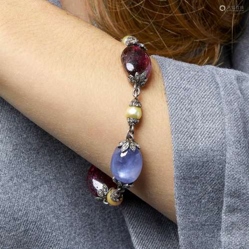 A star sapphire, rubellite, diamond and silver bracelet, cir...