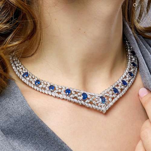 COLLIER JOAILLERIE A diamond, sapphire and 18K white gold ne...