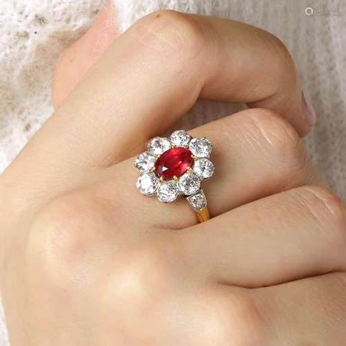 BAGUE POMPADOUR PIERRE ROUGE An imitation stone, old cut dia...