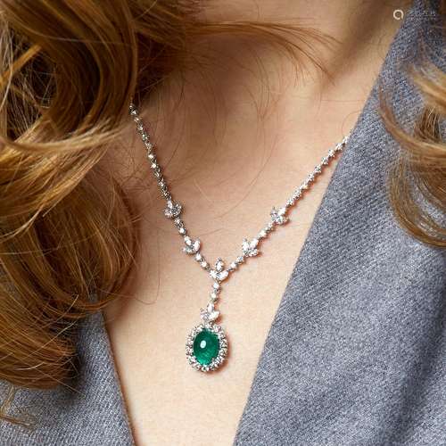 COLLIER RIVIERE DIAMANTS EMERAUDE CABOCHON An emerald, diamo...