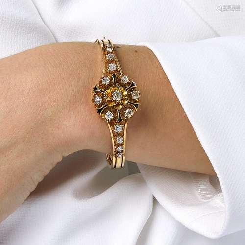 ANNEES 1880 BRACELET RIGIDE FLEUR A diamond, enamel and 18K ...