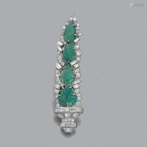 An Art Deco emerald, diamond and platinum brooch It represen...