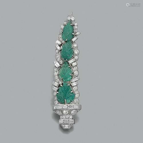 An Art Deco emerald, diamond and platinum brooch It represen...