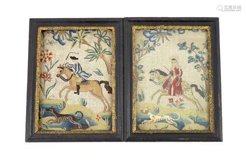 A pair of framed early 18th century needlework panels of a l...