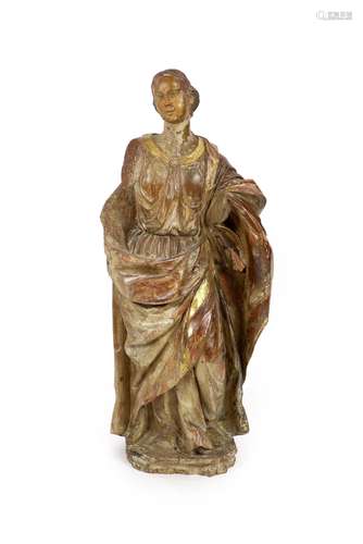 An 18th century Spanish carved wood figure of a female saint...