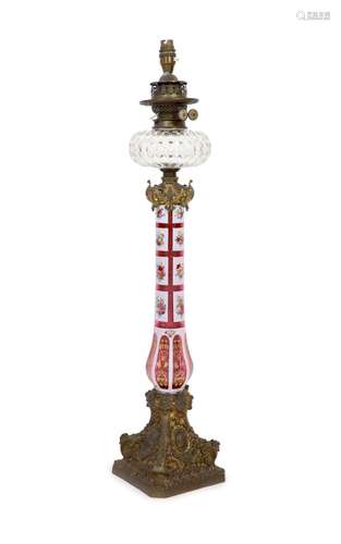 A Victorian ormolu mounted Bohemian ruby overlaid glass oil ...