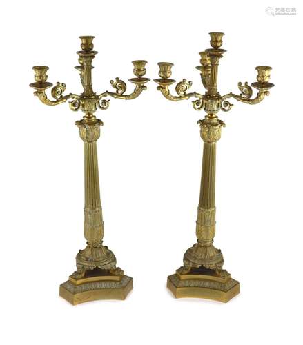 A pair of 19th century French Empire style ormolu candelabra...