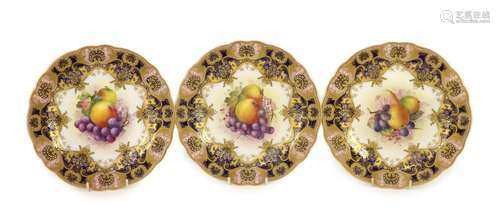 Three Royal Worcester fruit painted dessert plates, signed E...