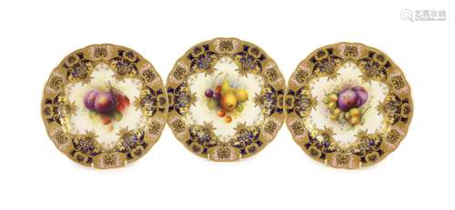 Three Royal Worcester fruit painted dessert plates, signed A...