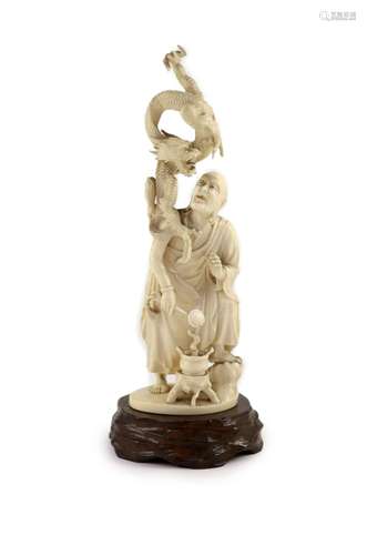 A Japanese ivory okimono of Handaka Sonja, Meiji period, sig...