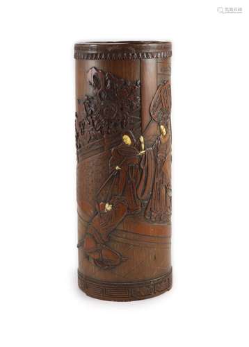 A tall Japanese bamboo and ivory inlaid brushpot, Meiji peri...