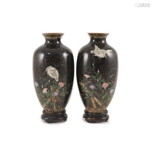 A pair of Japanese silver wire cloisonné enamel ‘egret’ vase...