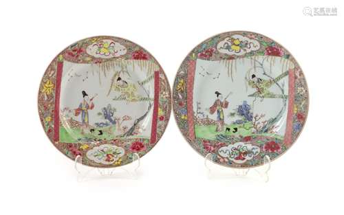 A near pair of Chinese famille rose plates, early Qianlong p...