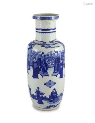 A Chinese blue and white rouleau vase, 19th century 44cm hig...