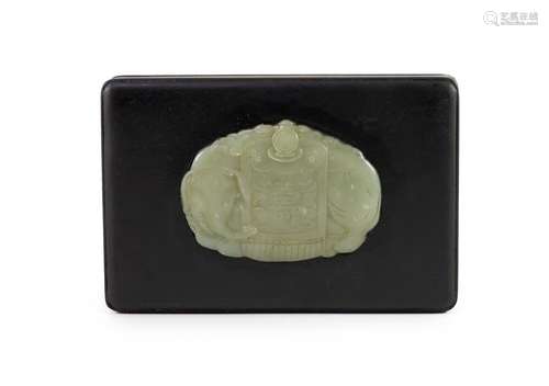 A Chinese pale celadon jade mounted wood box, 18cm x 12 cm