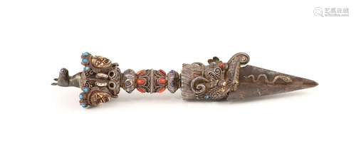 A Tibetan silver, bone and gem set phurbu (ritual dagger), 1...