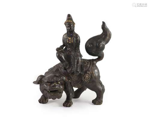 A large Chinese/Japanese bronze censer modelled as Wenshu ri...