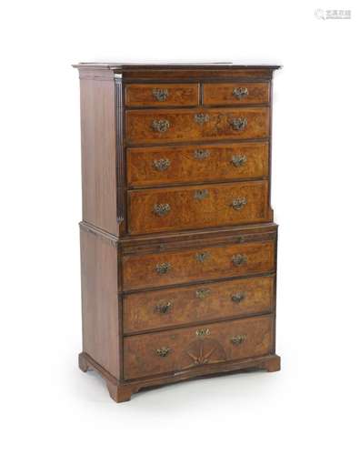 A George I crossbanded burr walnut chest on chest W.101cm D....