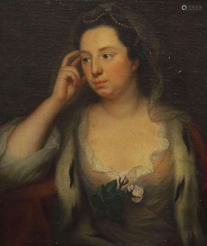 Mid 18th century English School, Portrait of a lady with pea...