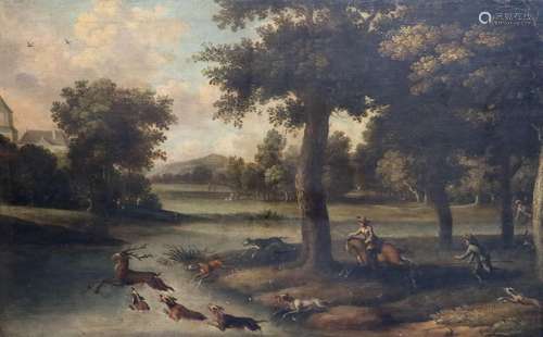 Follower of Jan Wyck (1640-1702), A Deer Hunt, Oil on canvas...