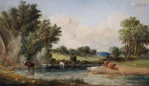 Alfred Vickers (1786-1868), Cattle watering in a landscape, ...