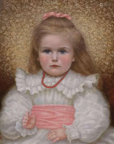 E.B. circa 1900, Portrait of a girl wearing a pink bow, oil ...