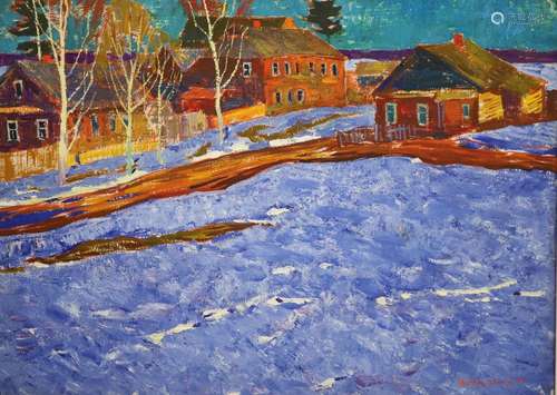 Yuri Matushevski (Russian, 1930-1999), Houses in winter, oil...