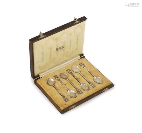 A cased set of six George V Arts & Crafts silver teaspoo...