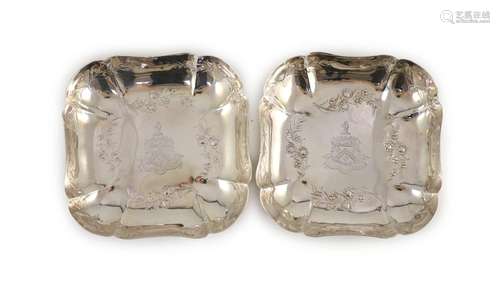 A pair of George III silver square shaped strawberry dishes,...