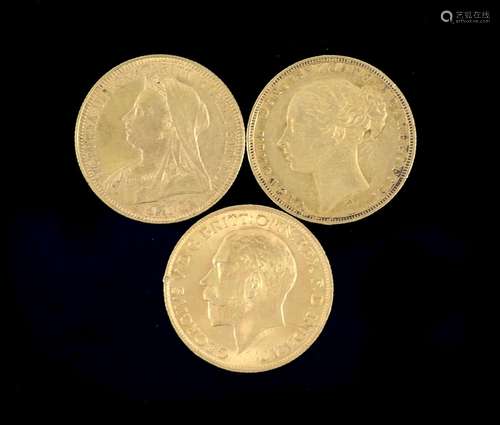 Three gold sovereigns, Victoria 1880M, good F and 1893, VF a...