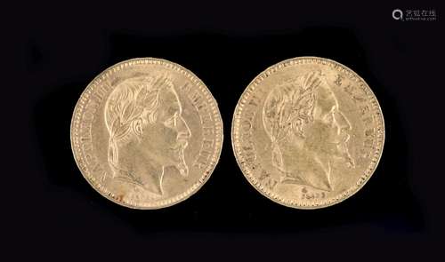 France coins, two Napoleon III gold 20 francs, 1864A, VF and...