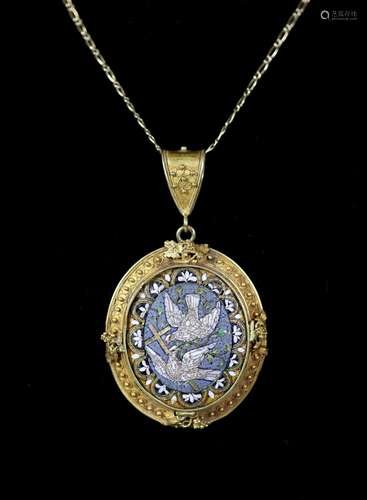 A 19th century gold and micro mosaic set oval pendant, decor...