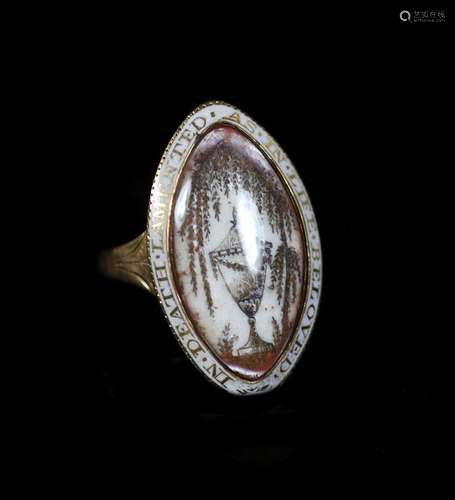 A George III enamelled gold memorial ring, inset with an ivo...