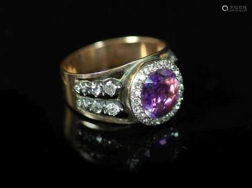 An antique gold, diamond and amethyst cluster ring